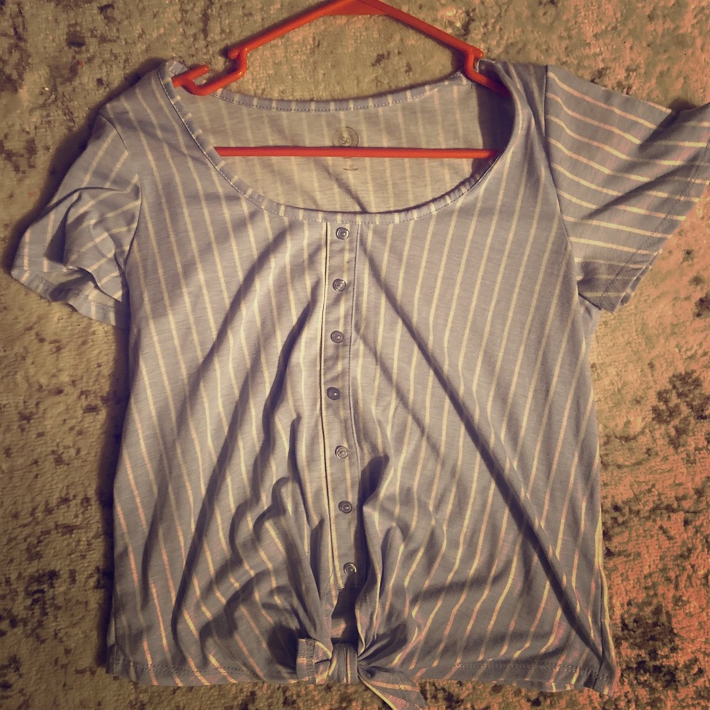 Blue and white short sleeve blouse